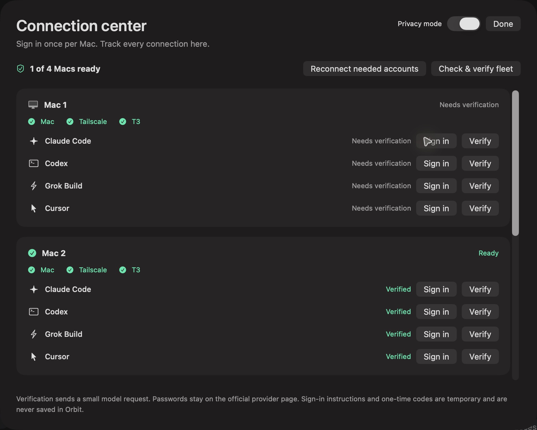 Orbit connection center with per-Mac verification status and official sign-in controls