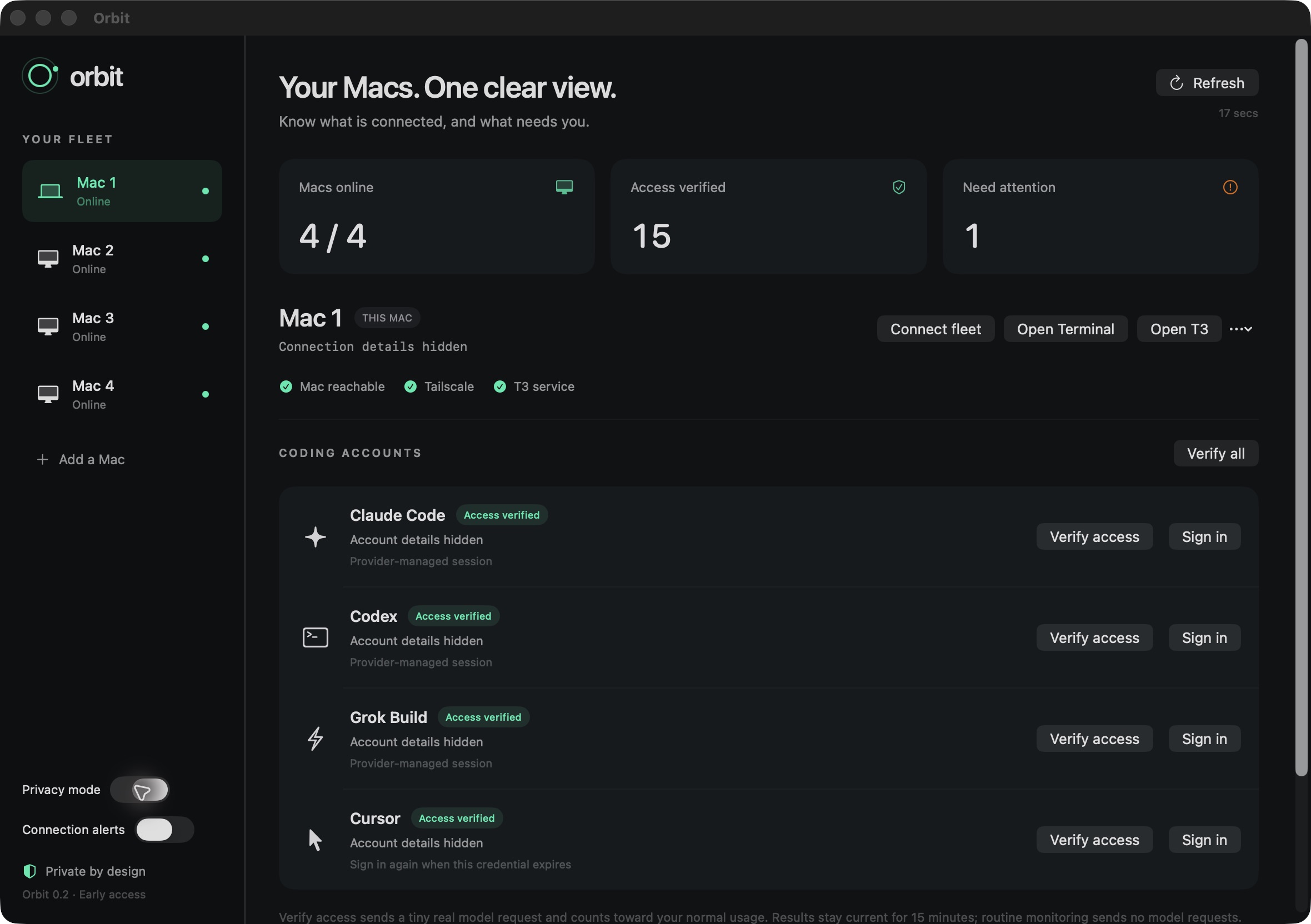 Orbit fleet dashboard showing four online Macs and Claude Code, Codex, Grok Build, and Cursor connection status