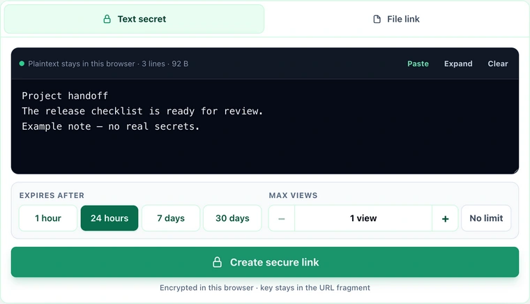 SharePassword with an example note, a 24-hour expiry, and a one-view limit
